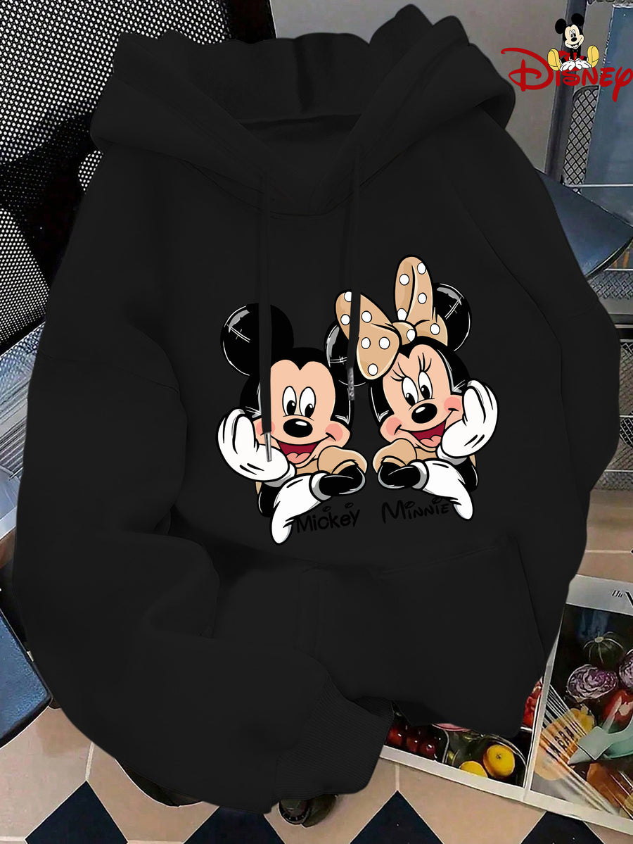 Cute Style Mickey Minnie Face Print Japanese Hooded Sweatshirt, Casual Comfortable Kangaroo Pocket Pullover Top - Black