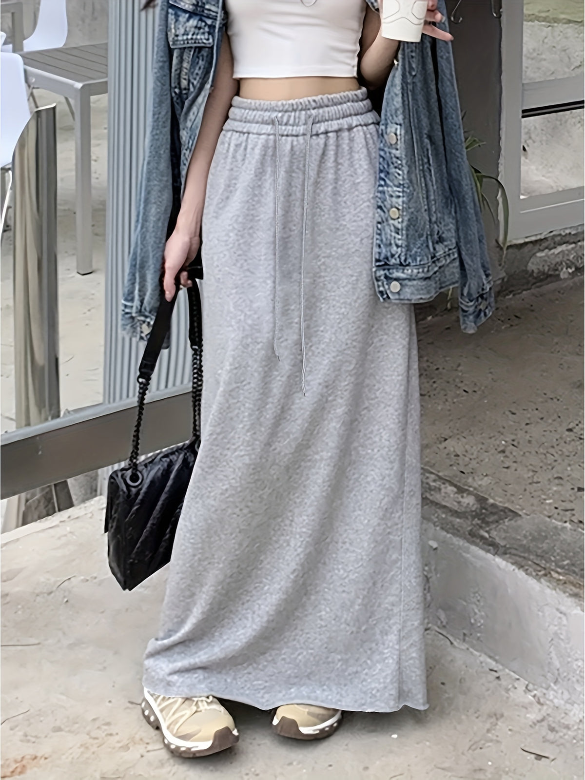 Women's Chic Casual Elastic Waist Slit Long Loose Straight Midi Skirt - Grey