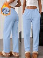 Lazy Atmosphere Women'S Fleece-Lined Sweatpants, Loose Straight Fit, Warm And Non-Porous Casual All-Match Autumn Winter Trousers - Light Blue