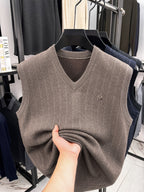 Autumn/Winter Knitted Solid Color V-Neck Sweater, Basic Knit Pullover, Men's Fashion Knit Sleeveless Vest, All Sizes S - Camel