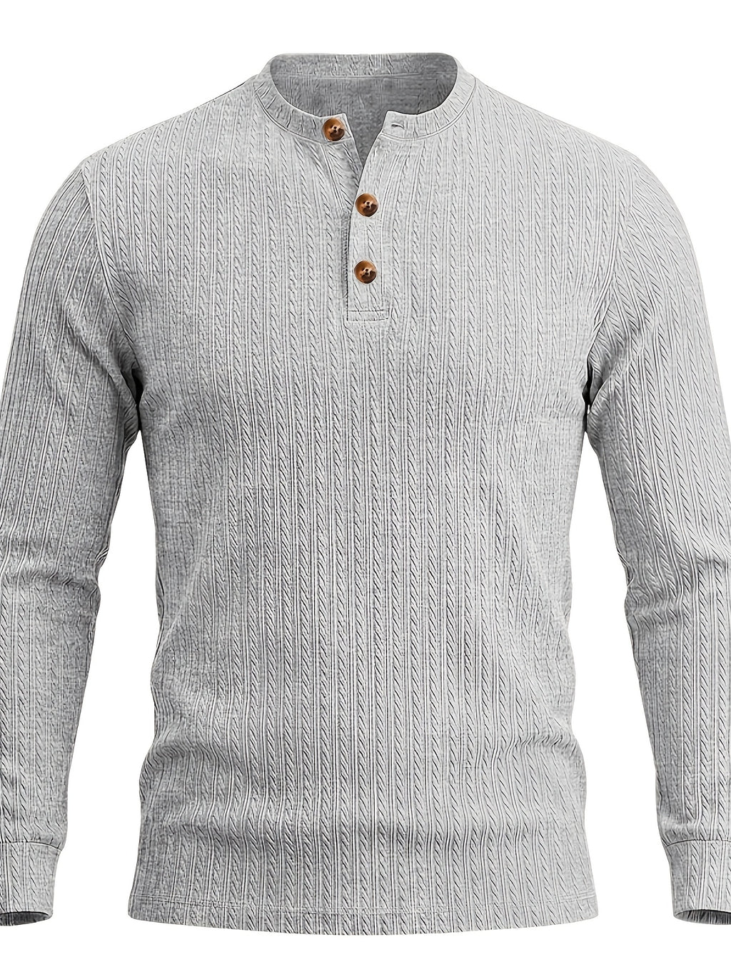 1pc Men'S Jacquard Long Sleeve Henley Shirt Solid Striped Textured Fabric with Stretch Street Style Casual Top for Autumn Winter Fashion White Matchable Pullover Base Layer - Grey