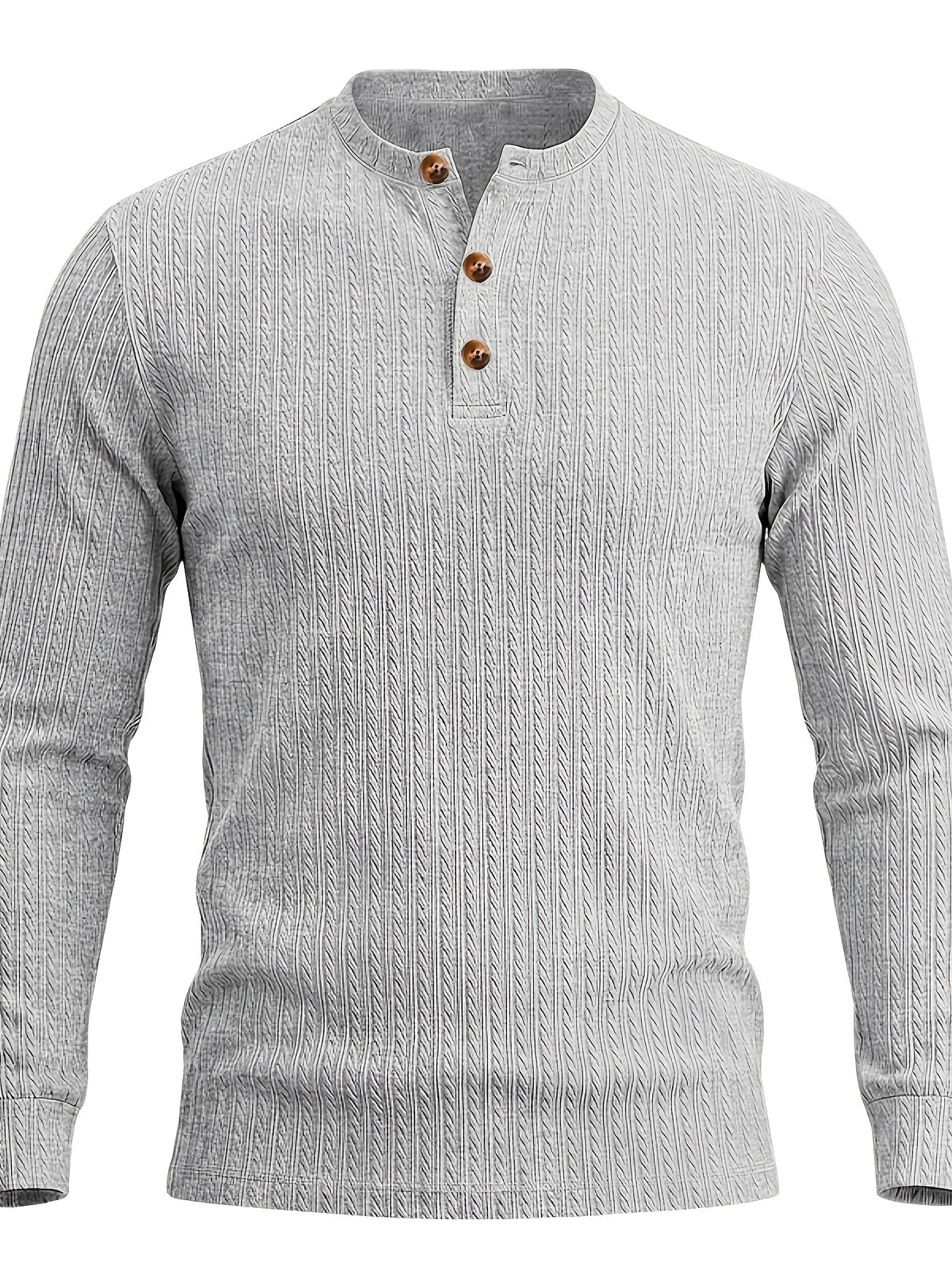 1pc Men'S Jacquard Long Sleeve Henley Shirt Solid Striped Textured Fabric with Stretch Street Style Casual Top for Autumn Winter Fashion White Matchable Pullover Base Layer - Grey