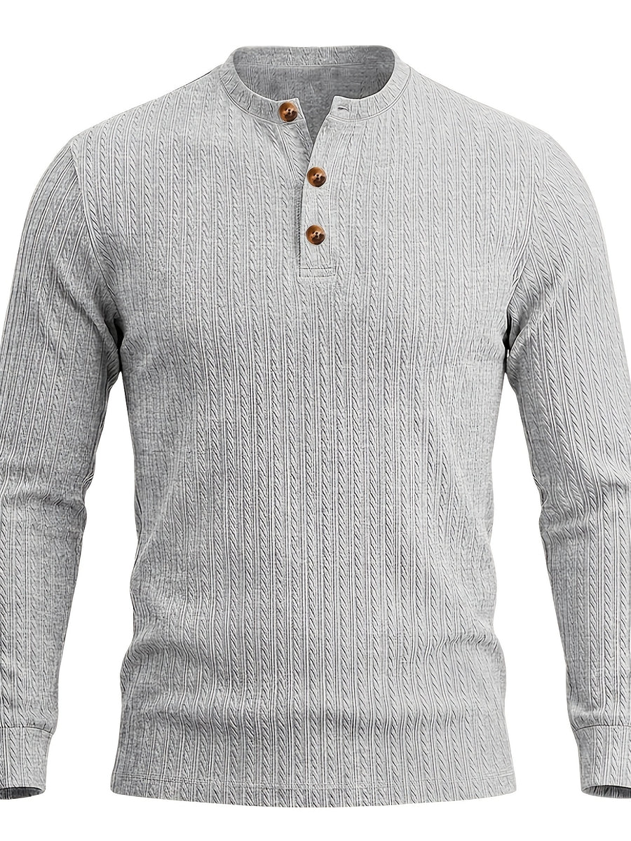 1pc Men'S Jacquard Long Sleeve Henley Shirt Solid Striped Textured Fabric with Stretch Street Style Casual Top for Autumn Winter Fashion White Matchable Pullover Base Layer - Grey