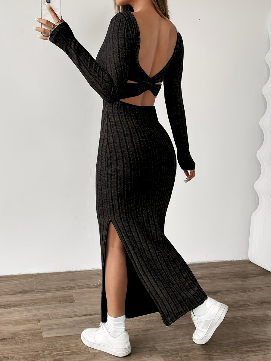 Ribbed Dress, Long-sleeve Tweed Casual Dress - Black