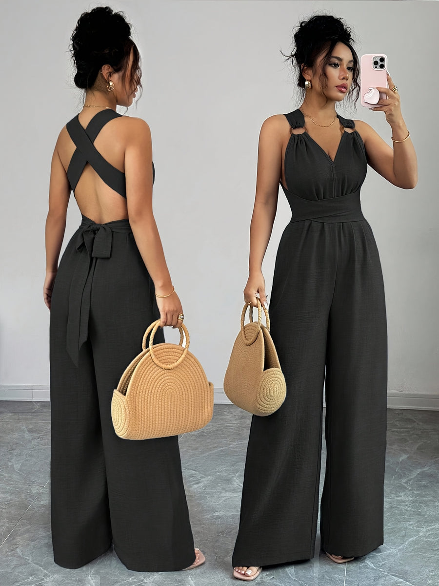 Women'S V-Neck Tie-Waist Wide-Leg Jumpsuit Women'S Jumpsuit Women'S Casual Summer Vacation Dress - Black