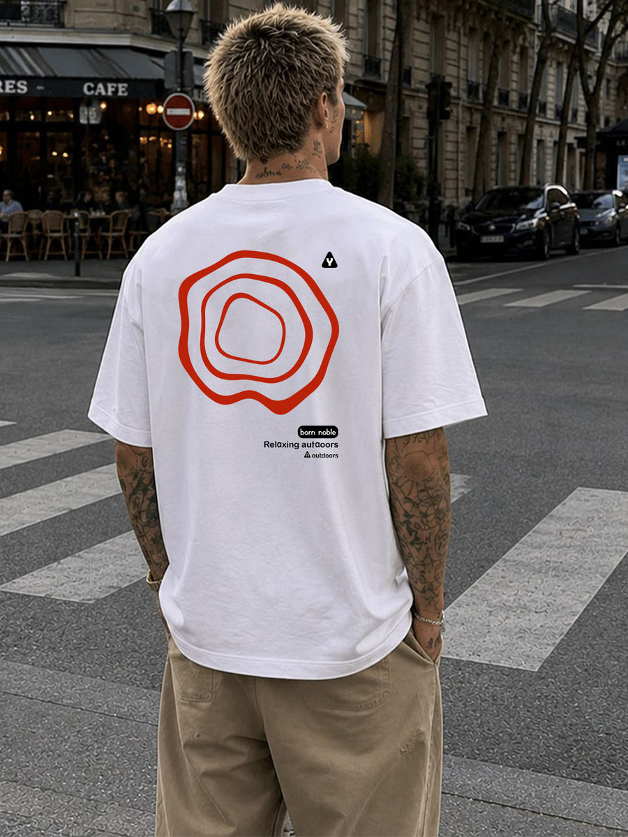 Men's Loose Fit T-Shirt with Minimalist Red Circular Back Print, Short Sleeve, 100% Pure Cotton, 240g Versatile Short Sleeve, Unique Pattern, Thick Fabric, Sweat-Absorbent and Breathable, Comfortable Inner Layer Casual Top, Daily Streetwear - White
