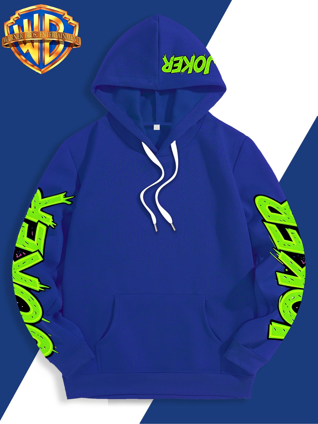 Authorized by Warner Bros., Featuring Colorful Graffiti And Ink Splattered Joker JOKER Poker Prints, Hat Design Patterns, Versatile Street Style Men'S Hooded Sweatshirt, Comfortable And Casual, Suitable for Autumn And Winter Wear - Blue