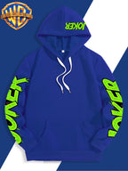 Authorized by Warner Bros., Featuring Colorful Graffiti And Ink Splattered Joker JOKER Poker Prints, Hat Design Patterns, Versatile Street Style Men'S Hooded Sweatshirt, Comfortable And Casual, Suitable for Autumn And Winter Wear - Blue