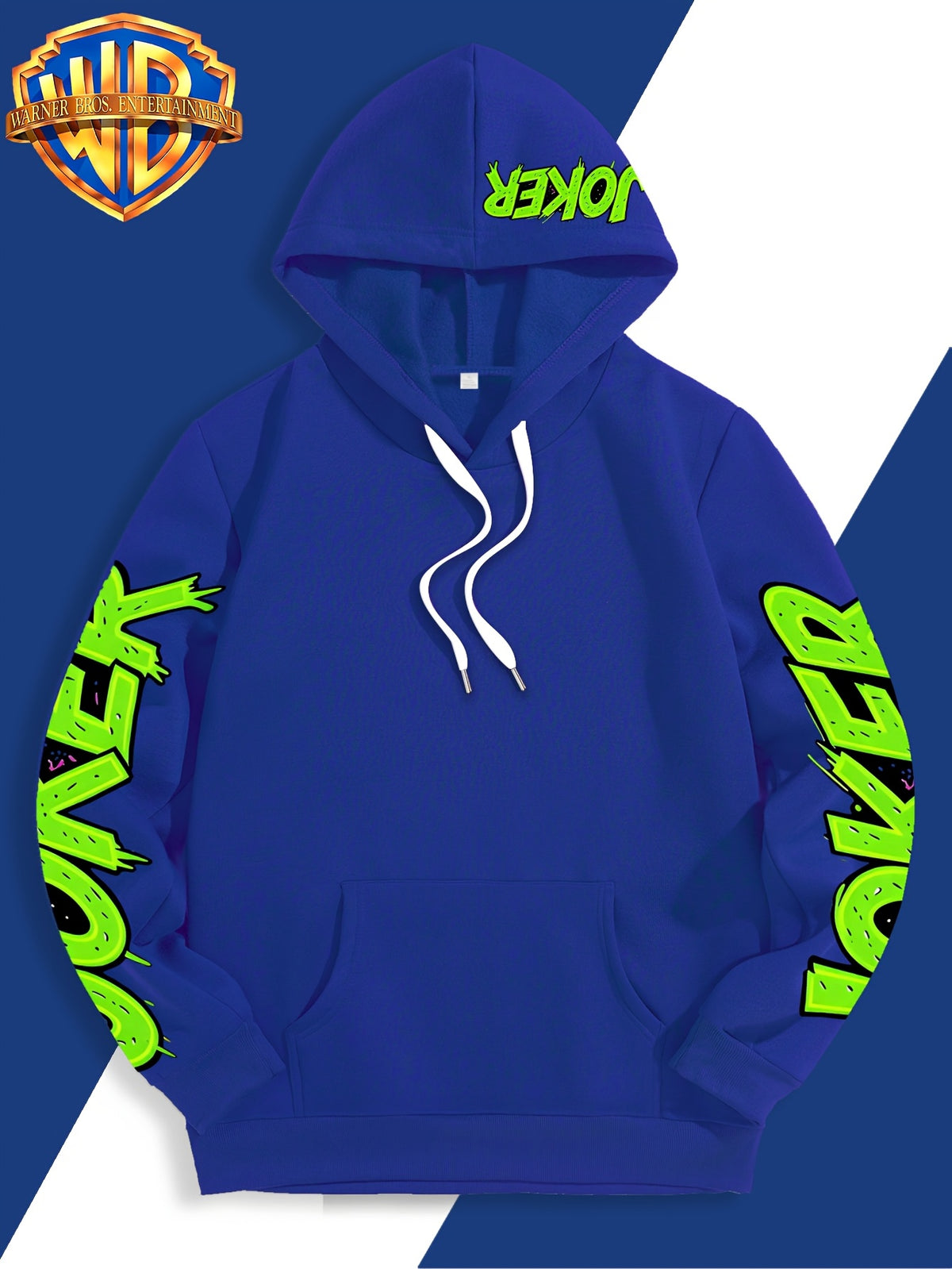 Authorized by Warner Bros., Featuring Colorful Graffiti And Ink Splattered Joker JOKER Poker Prints, Hat Design Patterns, Versatile Street Style Men'S Hooded Sweatshirt, Comfortable And Casual, Suitable for Autumn And Winter Wear - Blue