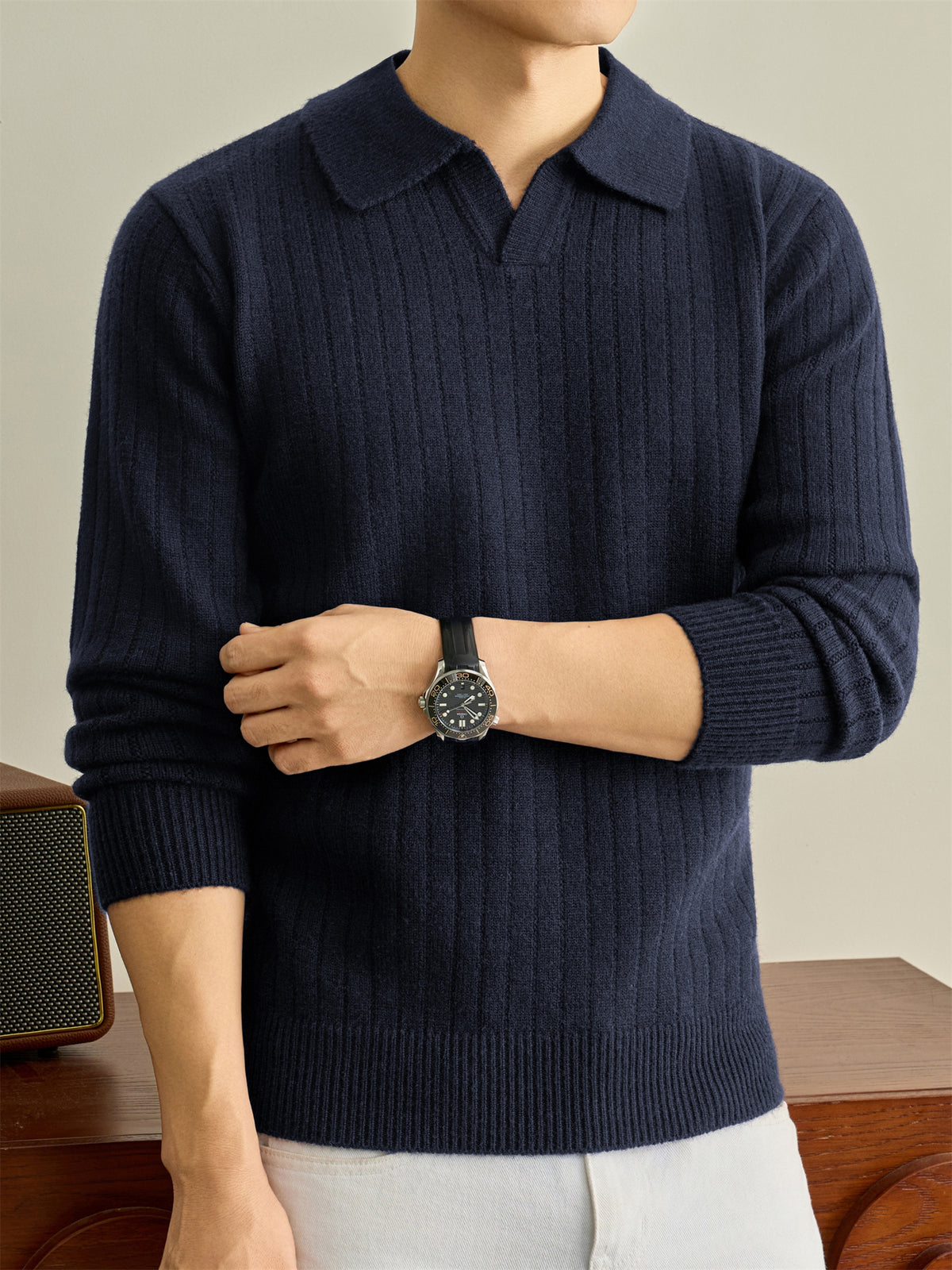 Autumn Winter Knit 3D Solid Color Lapel Polo Sweater, Basic Knit Pullover Top for Men, Fashionable Long Sleeve Sweater, Size S - Navy Color
