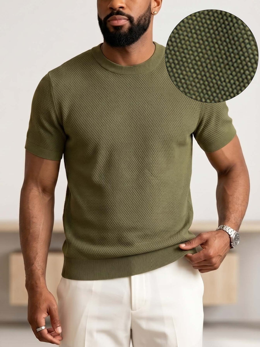 Men'S Easy Casual Short-Sleeve Knit Top, Made of Pure with Fine Mesh Texture, Skin-Friendly And Breathable, Relaxed Casual Style, Classic Versatile Design with Exquisite Details, Solid Color for a Warm And Easy Look - fern green