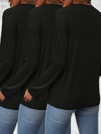 3pcs Long Sleeve Solid Color Women'S T-Shirts, Casual Holiday Outing Versatile Fall Winter Top Round Neck - Black