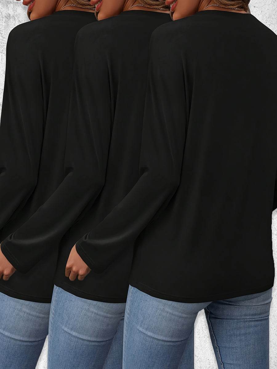 3pcs Long Sleeve Solid Color Women'S T-Shirts, Casual Holiday Outing Versatile Fall Winter Top Round Neck - Black
