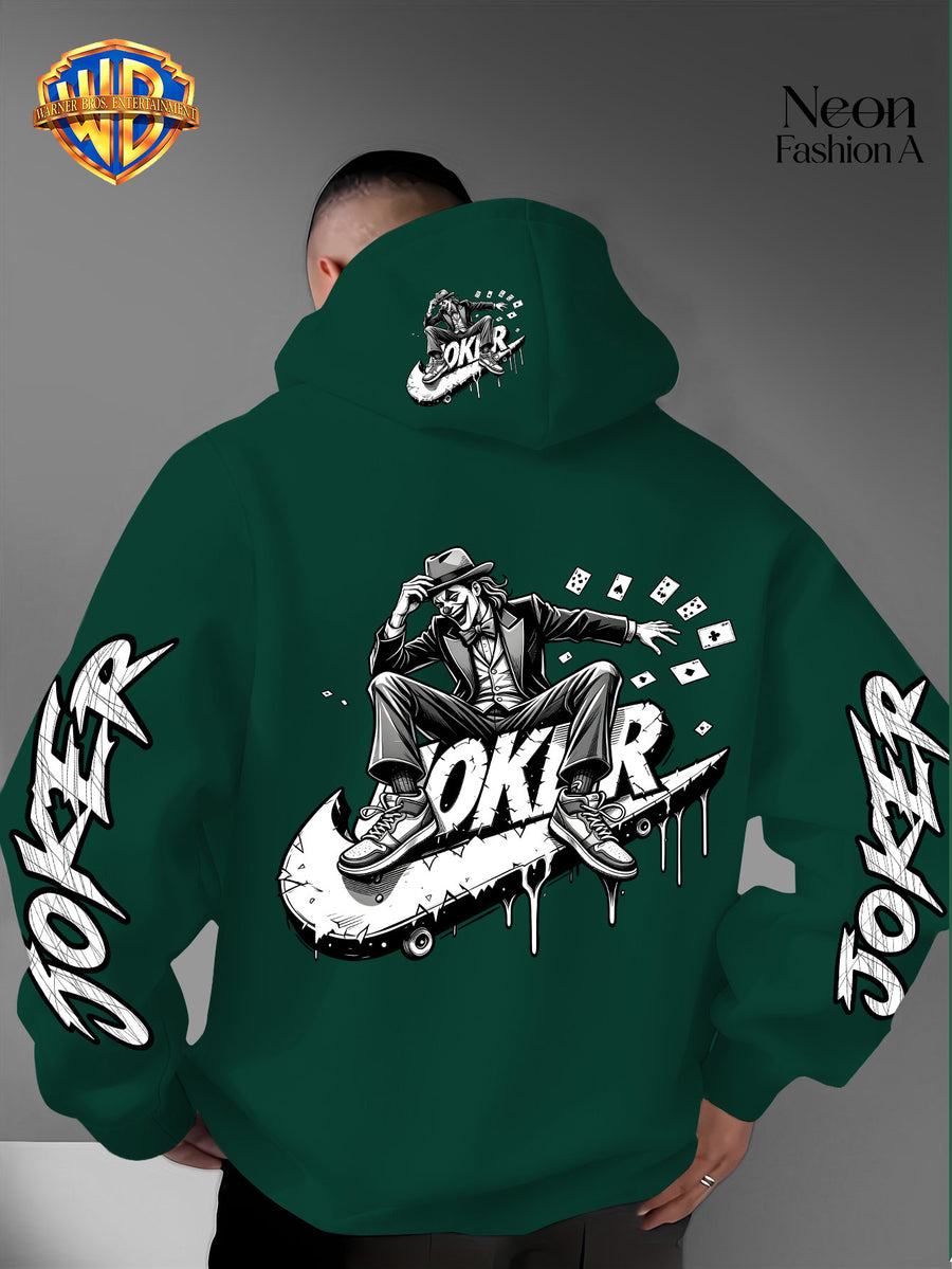 Warner Bros. Official Men'S Autumn Winter Trendy Print Hooded Fleece Sweatshirt, Long Sleeve Pullover Hoodie, Black And White Line Art Skateboard Joker Dripping Graffiti Trendy Print Pattern, Kangaroo Pouch And Drawstring Design - Green