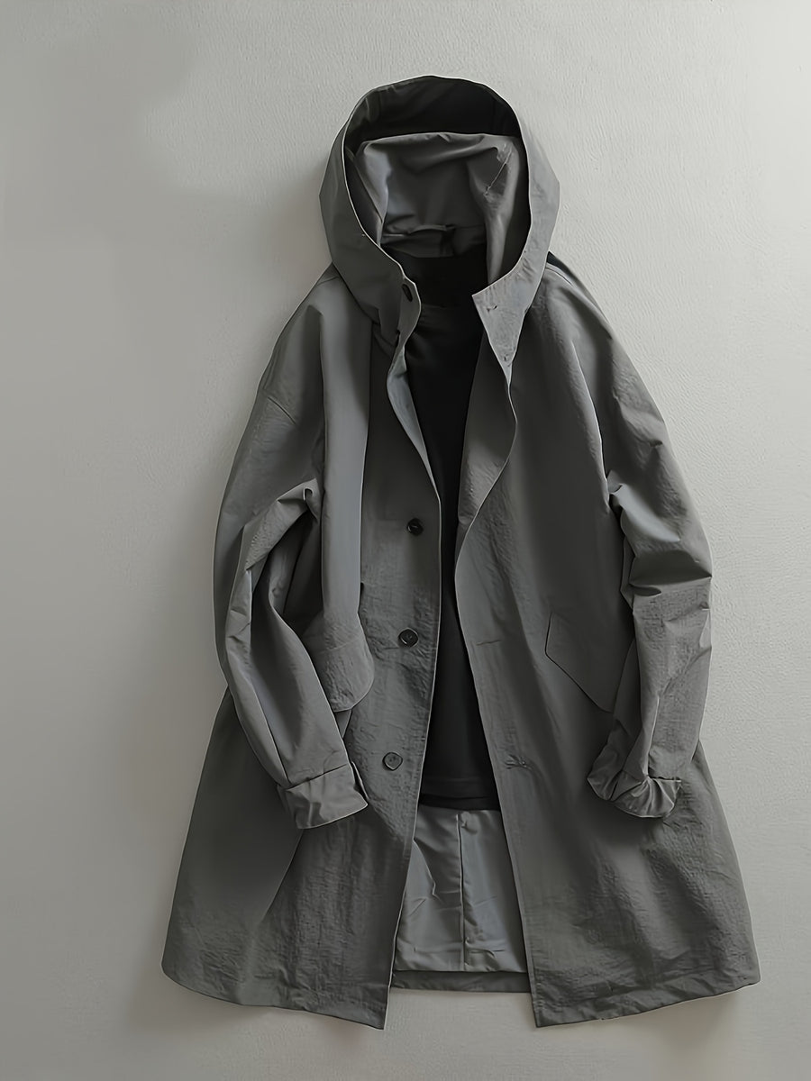 Men's Mid-Length Trench Coat for Spring/Autumn, Japanese-Style Minimalist Light Luxury Fashion, High-End Gray Long Hooded Trench Coat - Dark Gray