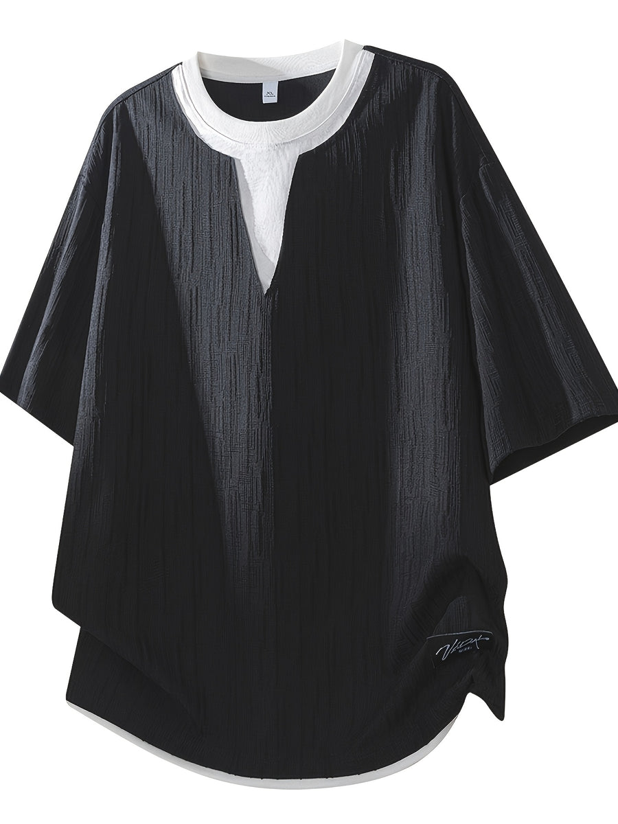 American Faux Two-Piece V-Neck Short Sleeve T-Shirt for Men, Spring Summer All-Match Trendy Couple Wear Loose Casual Short Sleeve Inner Layer, Casual Round Neck with Appropriate Neckline for Inner And Outer Wear - Black