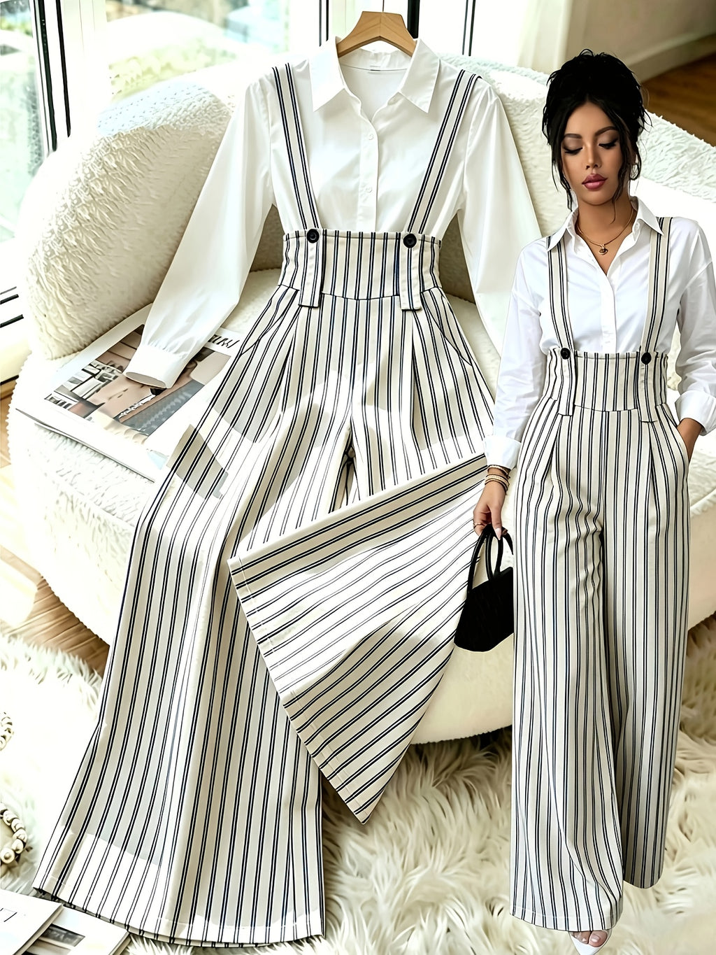 [Nian Nian] Western Style Vertical Stripe High-Waist Overalls, Waist-Cinching Loose Drapey Wide-Leg Floor-Length Casual Trousers - Mixed colors