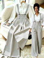 [Nian Nian] Western Style Vertical Stripe High-Waist Overalls, Waist-Cinching Loose Drapey Wide-Leg Floor-Length Casual Trousers - Mixed colors