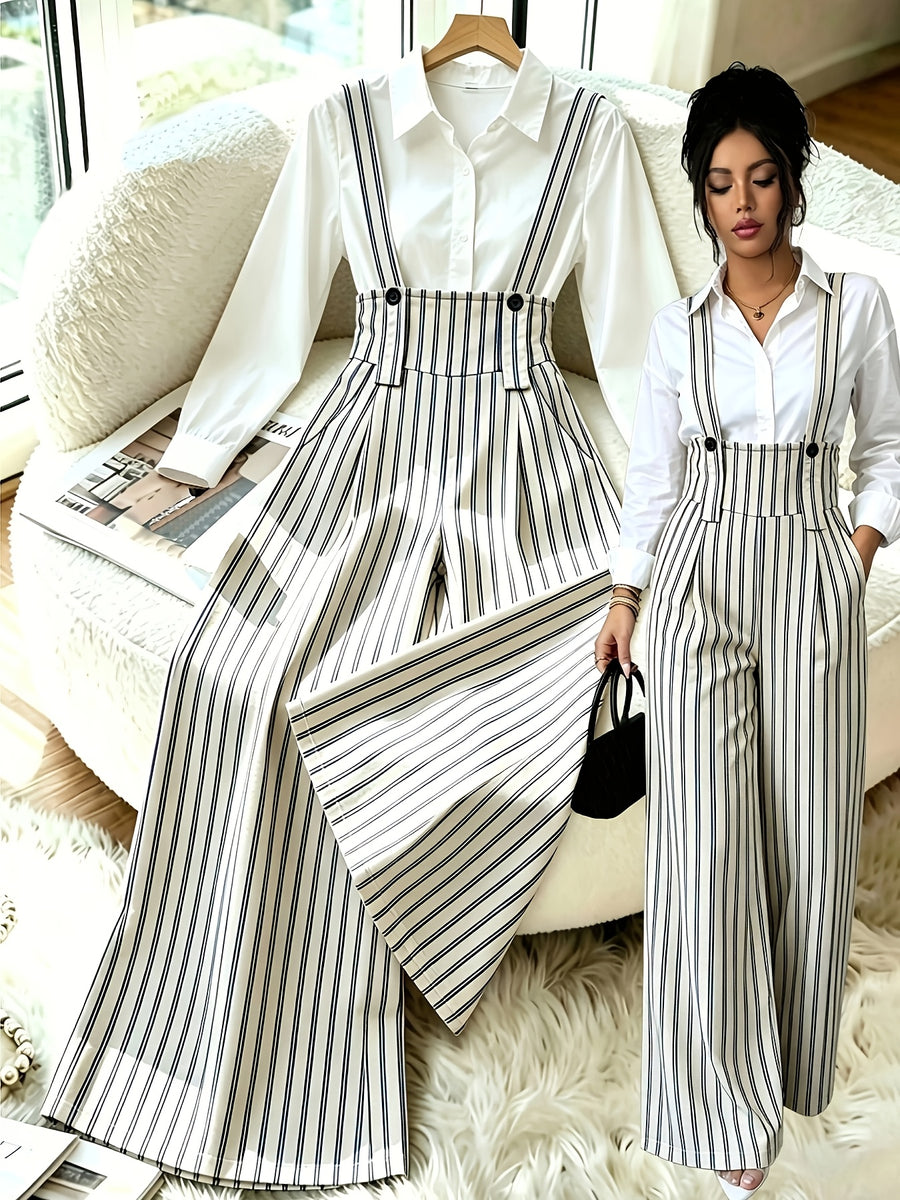 [Nian Nian] Western Style Vertical Stripe High-Waist Overalls, Waist-Cinching Loose Drapey Wide-Leg Floor-Length Casual Trousers - Mixed colors