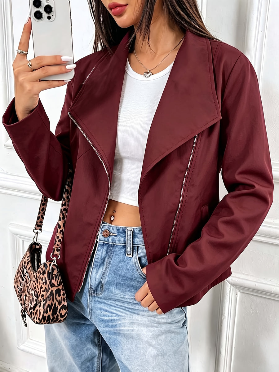 Autumn Winter New European Style Premium Asymmetrical Lapel Diagonal Zipper Short Jacket Solid Color Long Sleeve Top - Burgundy