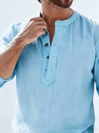 Men'S Fashion Polo Neck Linen Breathable Comfortable Casual All-Season Long Sleeve Shirt, Spring And Summer, Regular Fit, Polo Collar, Daily, Button - Sky Blue
