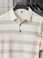 Multi-Color Striped Polo Shirt for Men, Micro-Velvet Long Sleeve Polo, Button-Up Collar 3-Button Pullover Top, Smooth Soft Skin-Friendly Fabric, Business Commute Travel Top, Fishing Home Daily Loose Casual Men'S Clothing - Off-white