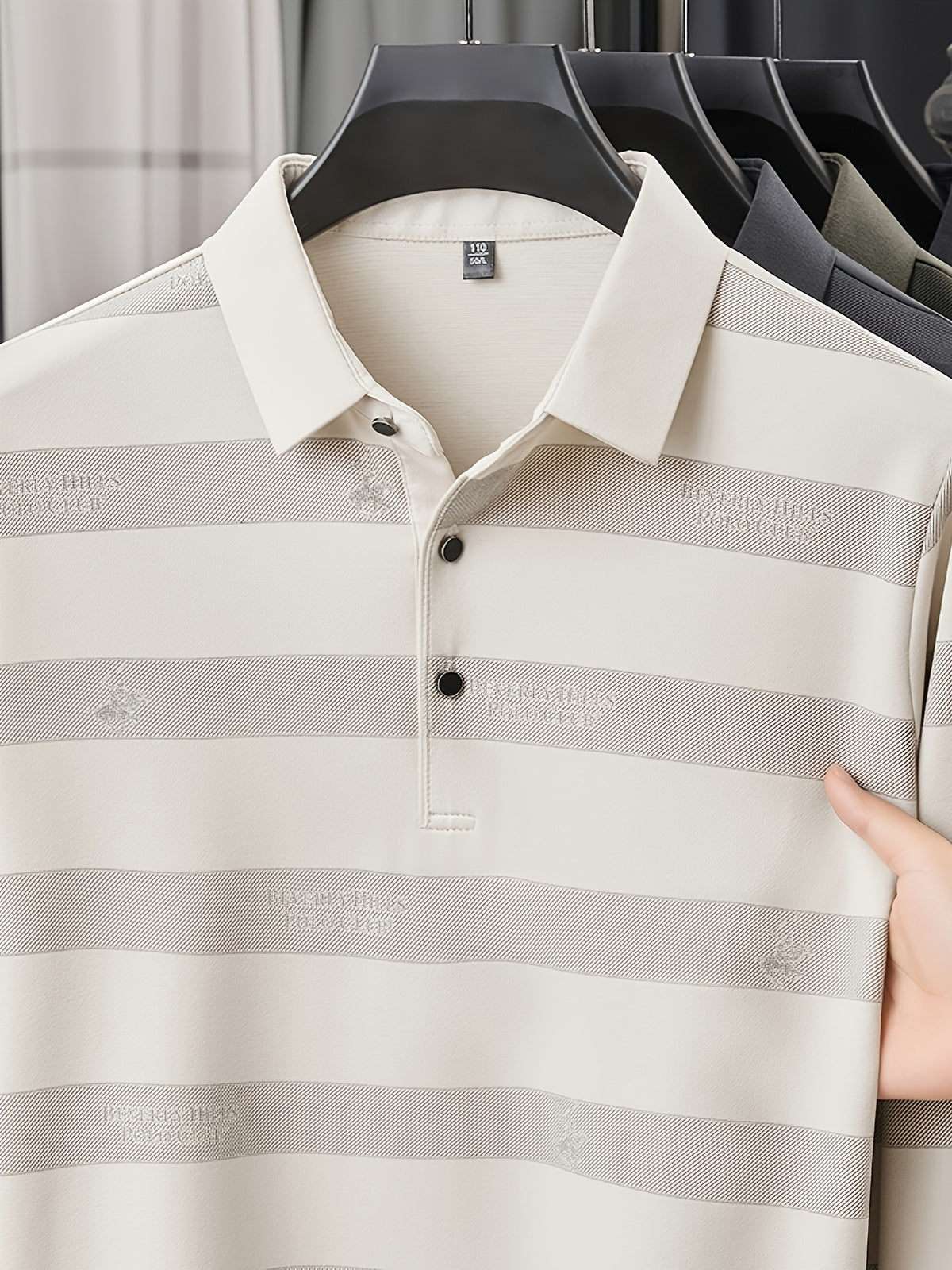 Multi-Color Striped Polo Shirt for Men, Micro-Velvet Long Sleeve Polo, Button-Up Collar 3-Button Pullover Top, Smooth Soft Skin-Friendly Fabric, Business Commute Travel Top, Fishing Home Daily Loose Casual Men'S Clothing - Off-white