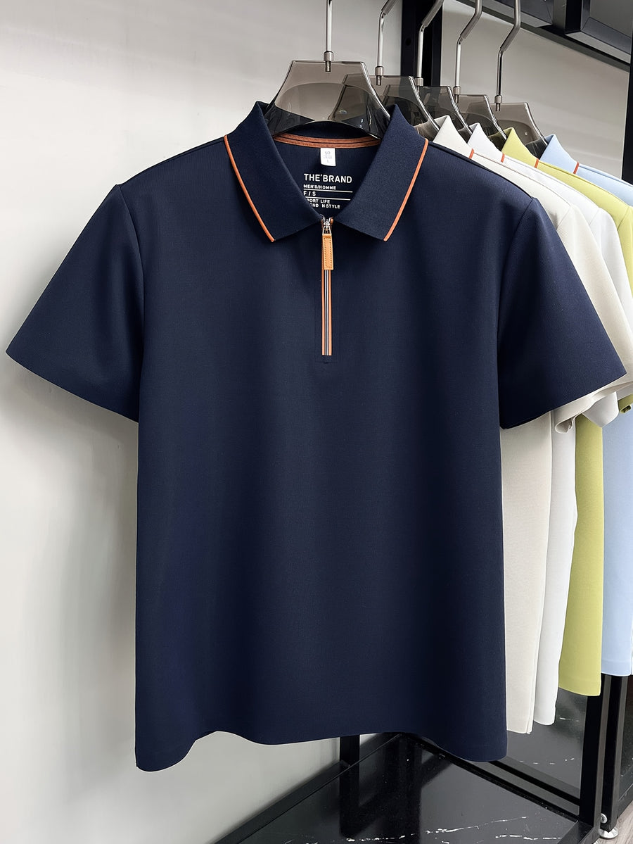 Men'S Zip-Up Polo Shirt, Summer Business Casual Contrast Collar Short Sleeve T-Shirt, Breathable Quick-Dry Commute Top, Men'S Athletic Polo Shirt, Summer Commute Men'S Clothing - Navy Color