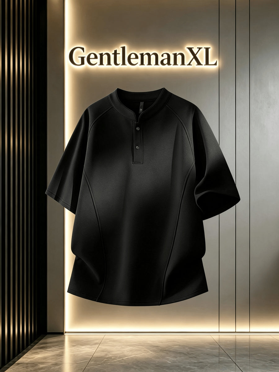 Men's Summer Small Henley Collar Two-Button Three-Dimensional Darted Cut Short Sleeve T-Shirt, Unisex Loose Raglan Curved Hem Top - Black