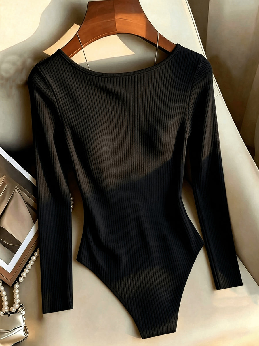 Women's Elegant Fitted V-Neck Ribbed Top with Golden Button Accents - Black
