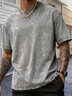 Men'S Heavyweight Short Sleeve Washed Distressed Fashion T-Shirt, Skin-Friendly And Breathable, Vintage Compass Eagle Arrow Geometric Line Print, Western High Street Hip-Hop Street Style, Pure Skin-Friendly Non-Sheer Material - Grey