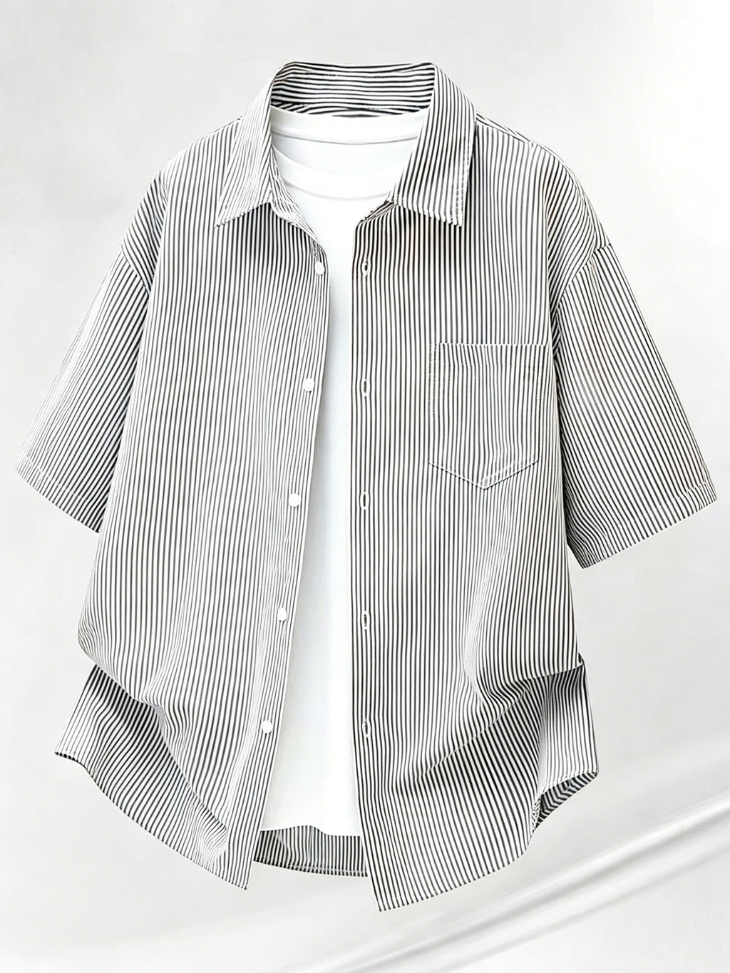 Summer Thin Fashion New Easy Fun Cartoon Back Print Lapel Short Sleeve Striped Loose Casual Shirt - Grey