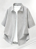 Summer Thin Fashion New Easy Fun Cartoon Back Print Lapel Short Sleeve Striped Loose Casual Shirt - Grey