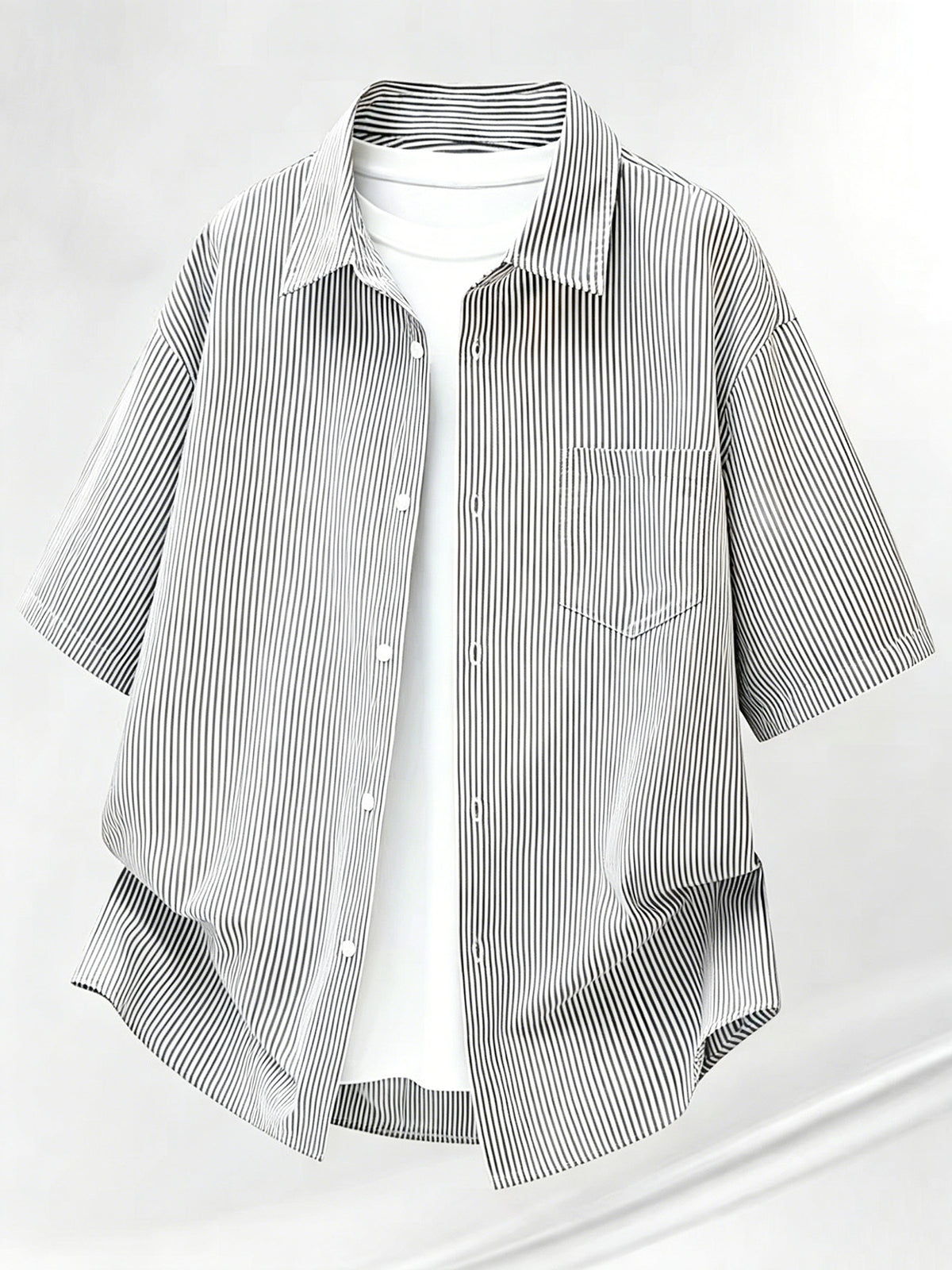 Summer Thin Fashion New Easy Fun Cartoon Back Print Lapel Short Sleeve Striped Loose Casual Shirt - Grey
