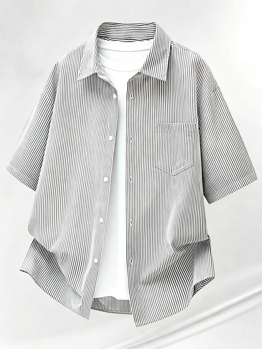 Summer Thin Fashion New Easy Fun Cartoon Back Print Lapel Short Sleeve Striped Loose Casual Shirt - Grey