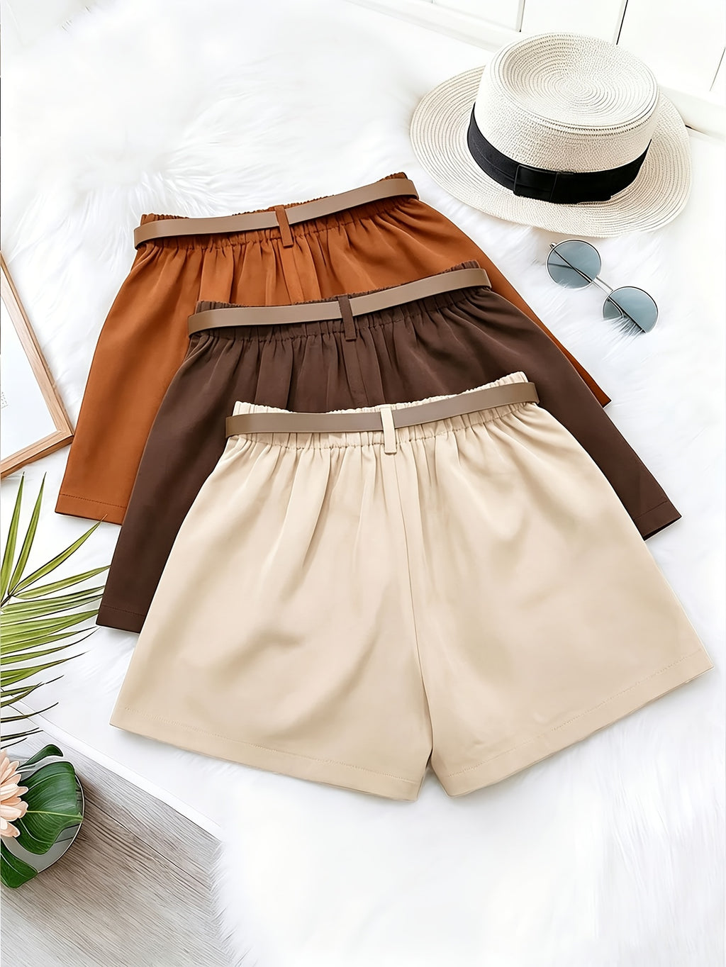 Fashionable Loose-Fit Versatile Shorts, Comfortable Wide-Leg Women's Shorts for Home or Outdoor Wear, 3pcs Set with Belt - Apricot + Brown + Caramel