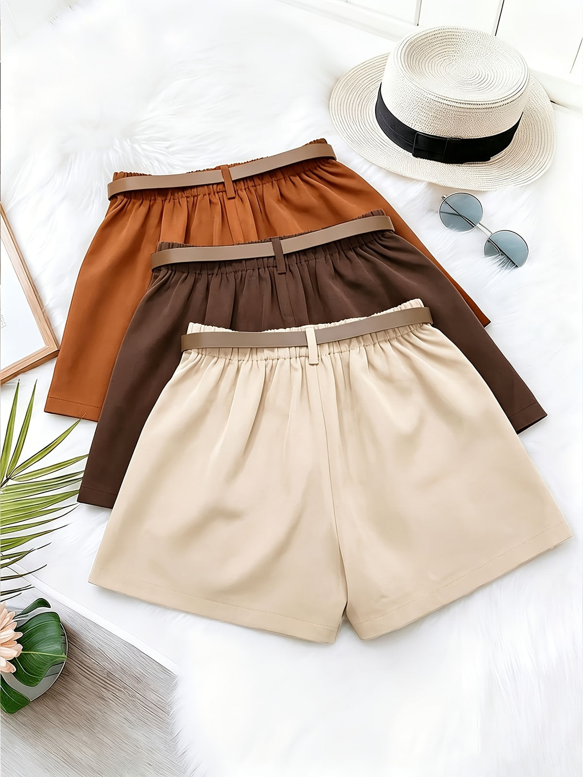 Fashionable Loose-Fit Versatile Shorts, Comfortable Wide-Leg Women's Shorts for Home or Outdoor Wear, 3pcs Set with Belt - Apricot + Brown + Caramel