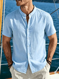 Men'S Summer Stand Collar Short Sleeve Shirt, Lightweight And Breathable Button-Up Top, Loose Casual Shirt for Beach Vacation, Solid Color Mandarin Collar Daily Outfit, Ideal for Holidays, Pool Parties, And Yacht Trips (Shirt solely) - Sky Blue