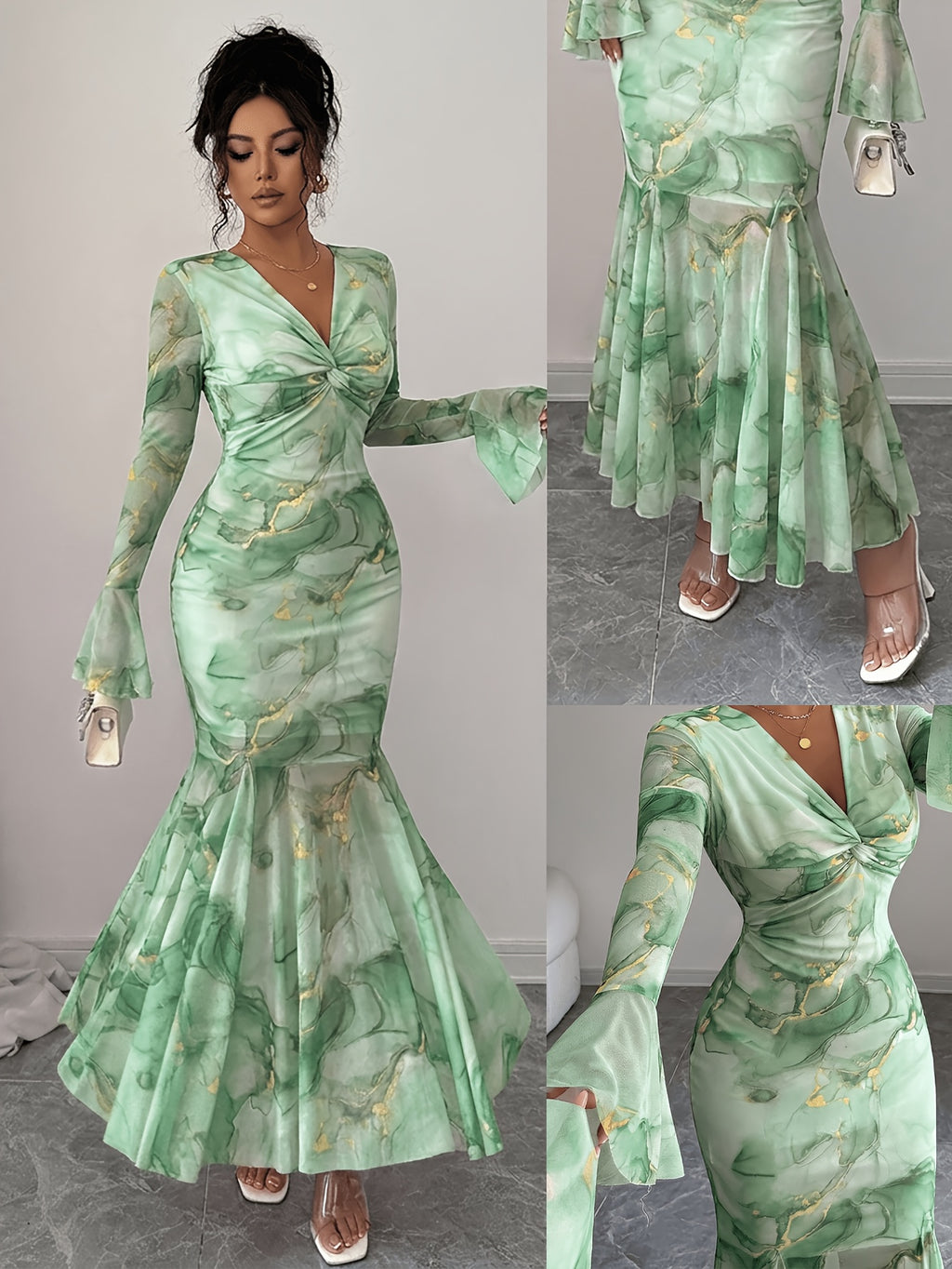 New French Casual Print Tie-Dye Golden Trim Mesh V-Neck Twist Knot Flare Sleeve High-End Elegant Slim Fit Women'S Long-Sleeved Dress, Suitable for Daily Wear And Valentine'S Day Autumn Dress - Light Green