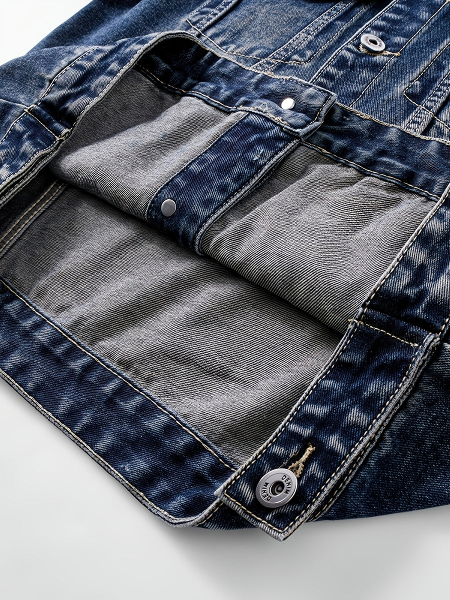Men'S Vintage Denim Jacket, Classic Lapel, Retro Washed Denim Coat, Multi-Color Casual Workwear Jacket - Navy Color
