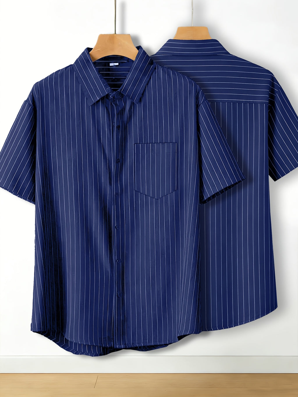 Summer Thin Striped Short Sleeve Shirt Trendy 2pcs Set Fashionable Versatile Easy Business Casual Daily Commute Outdoor Leisure Versatile Shirt Combination - Blue+blue