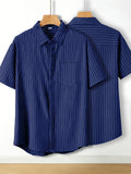 Summer Thin Striped Short Sleeve Shirt Trendy 2pcs Set Fashionable Versatile Easy Business Casual Daily Commute Outdoor Leisure Versatile Shirt Combination - Blue+blue