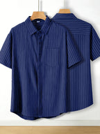 Summer Thin Striped Short Sleeve Shirt Trendy 2pcs Set Fashionable Versatile Easy Business Casual Daily Commute Outdoor Leisure Versatile Shirt Combination - Blue+blue