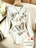 New Butterfly Floral Print Women's Crew Neck Long Sleeve Bodycon Top, Vacation Style Summer Outfit, Women's Beach Party Wear, Summer Vacation Outfit, Holiday Apparel, Women's Holiday Seaside Photoshoot Outfit - White