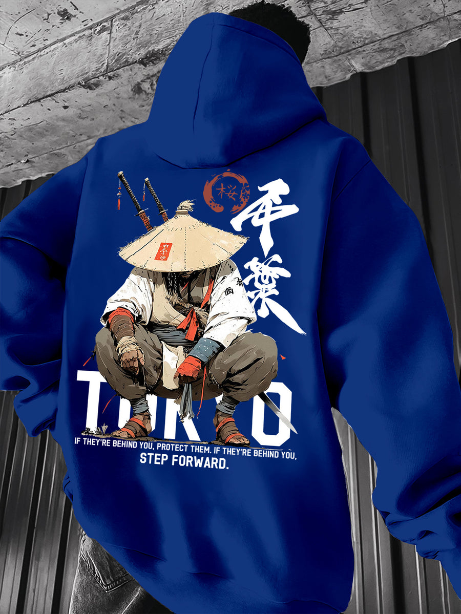 Men's Japanese Ronin Kendo Samurai Hooded Sweatshirt, Printed Hoodie, Trendy Streetwear Vintage Versatile Heavyweight Sweatshirt, Autumn Essentials - Blue