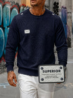 Men'S Textured Waffle Knit Sweatshirt Long Sleeve Crew Neck Pullover Lightweight Breathable Athletic Casual Top Soft Stretch Thermal Shirt Fit Sports Training Running Gym Workout Golf Outdoor Travel Everyday Wear Fashion Streetwear Basic Sweater - Navy Color