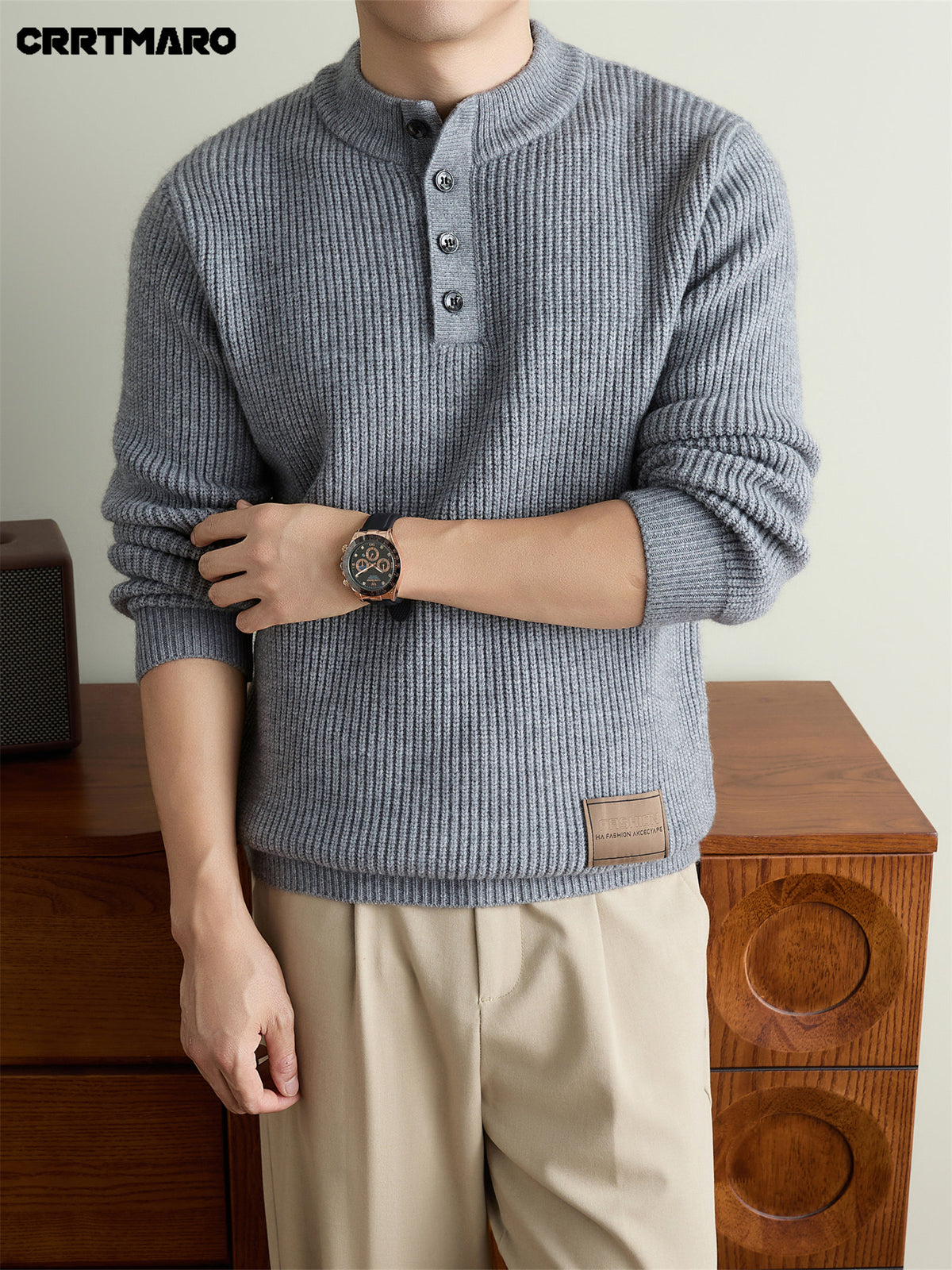 Men'S Heavyweight Thick Mock Neck Henley Pullover Sweater, Warm Casual Layering Top for Fall And Winter - Light Grey