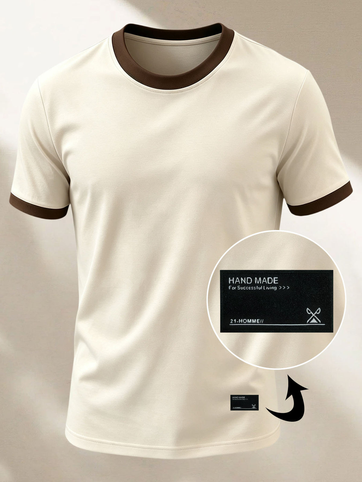 100% Cotton Men's Knitted Color-Block Crew Neck Patched T-Shirt, Summer All-Season Base Layer, Factory-Made for Men, Comfortable, High Quality, High Fit Rate, Casual Sportswear with Contrast Hem and Patch Appliqué - Apricot Coffee ZZ021