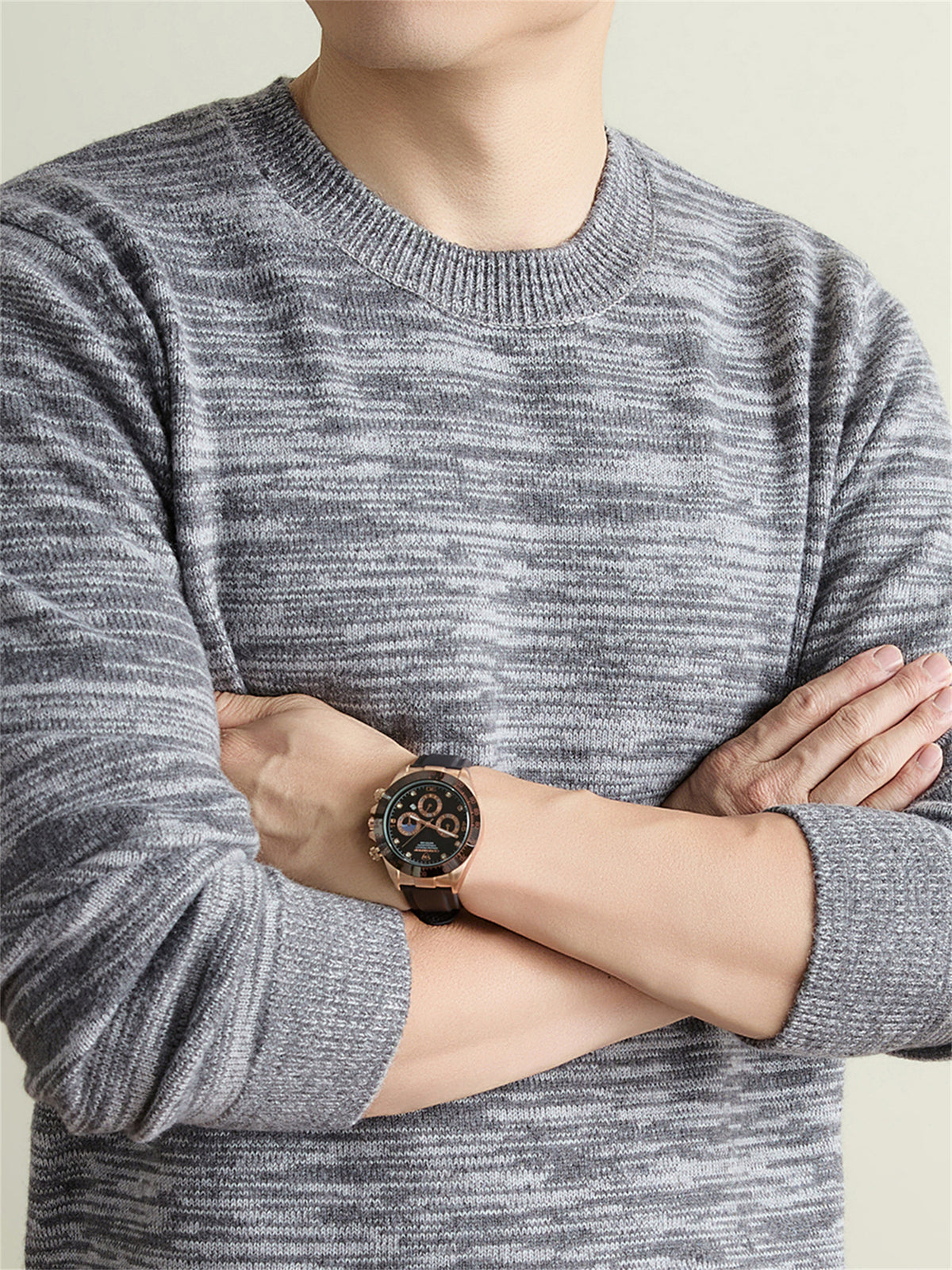 Autumn Winter Knit 3D Solid Round Neck Sweater, Basic Knit Pullover Top for Men, Fashionable Long Sleeve Sweater, Size Y - Medium Gray