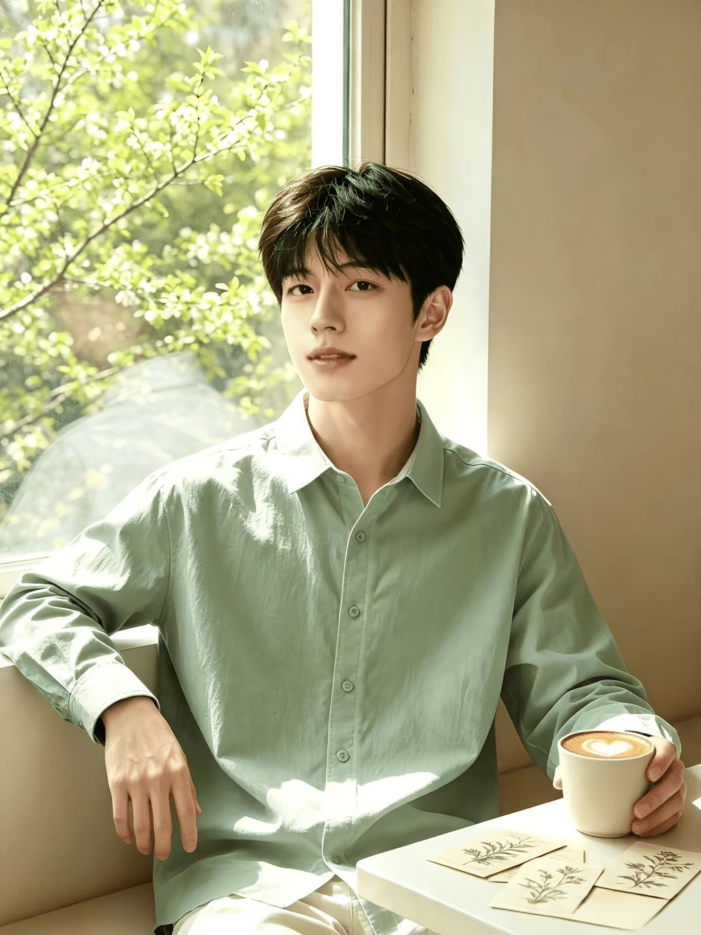 Men'S Autumn Classic Solid Color Long Sleeve Button-Up Shirt, Lapel Collar Casual Blouse, Loose Soft Breathable Daily Top - Military Green